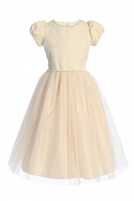 Champagne Puff Sleeve Dress with Jacquard Top and Pearl Neckline